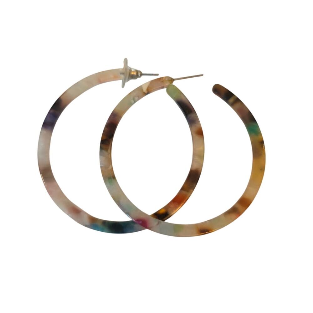 VTG LG Marbled Tortoiseshell Resin Lucite 2" Hoop Earrings Lightweight Retro